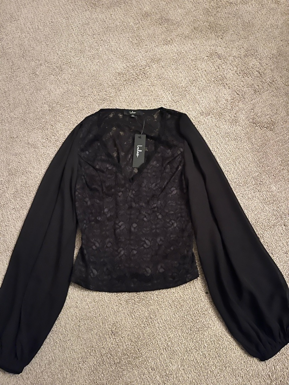 Lulu's Black Lace Puff-Sleeve Blouse